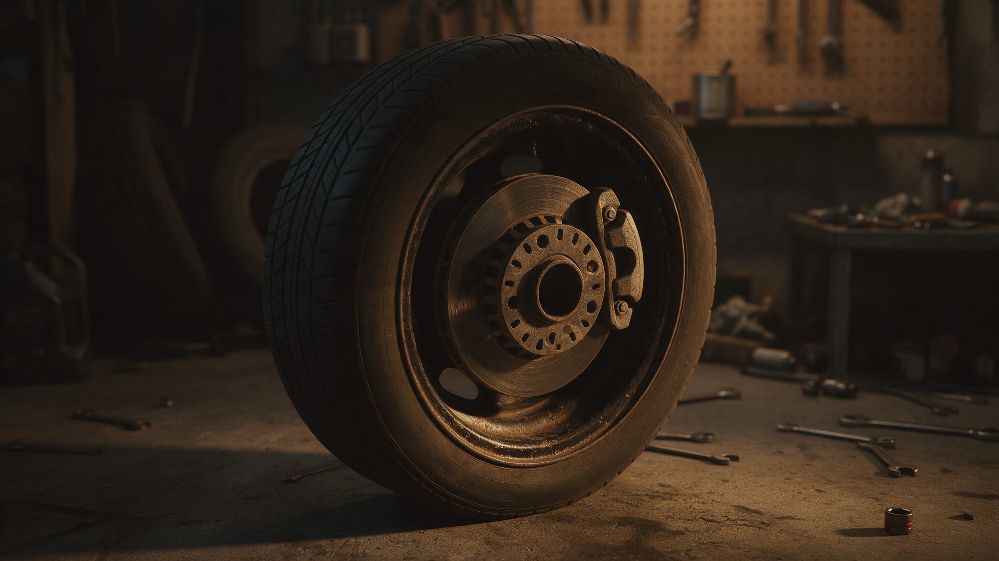 A brake disc and tyre in the workshop