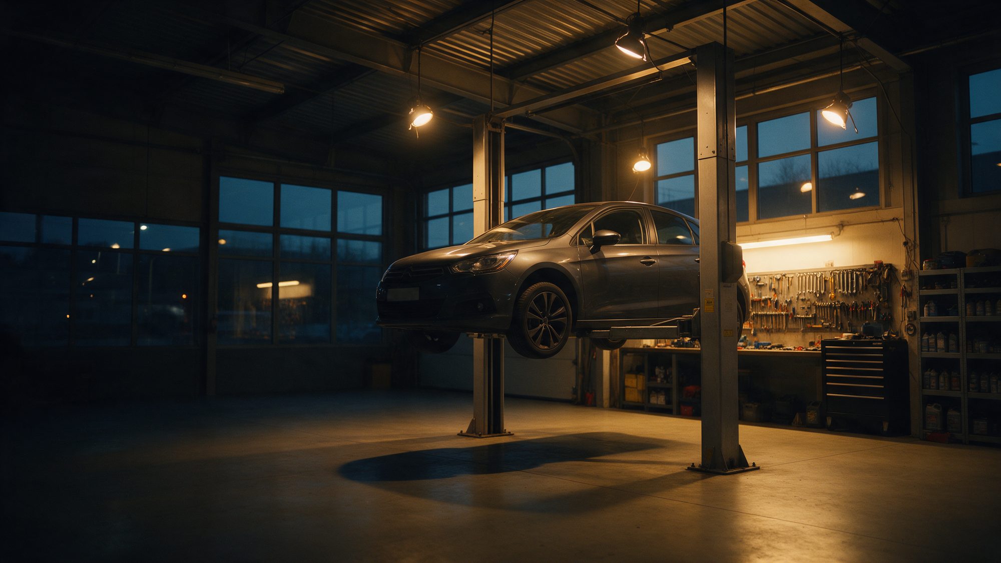 A car raised on a lift in a warmly lit workshop
