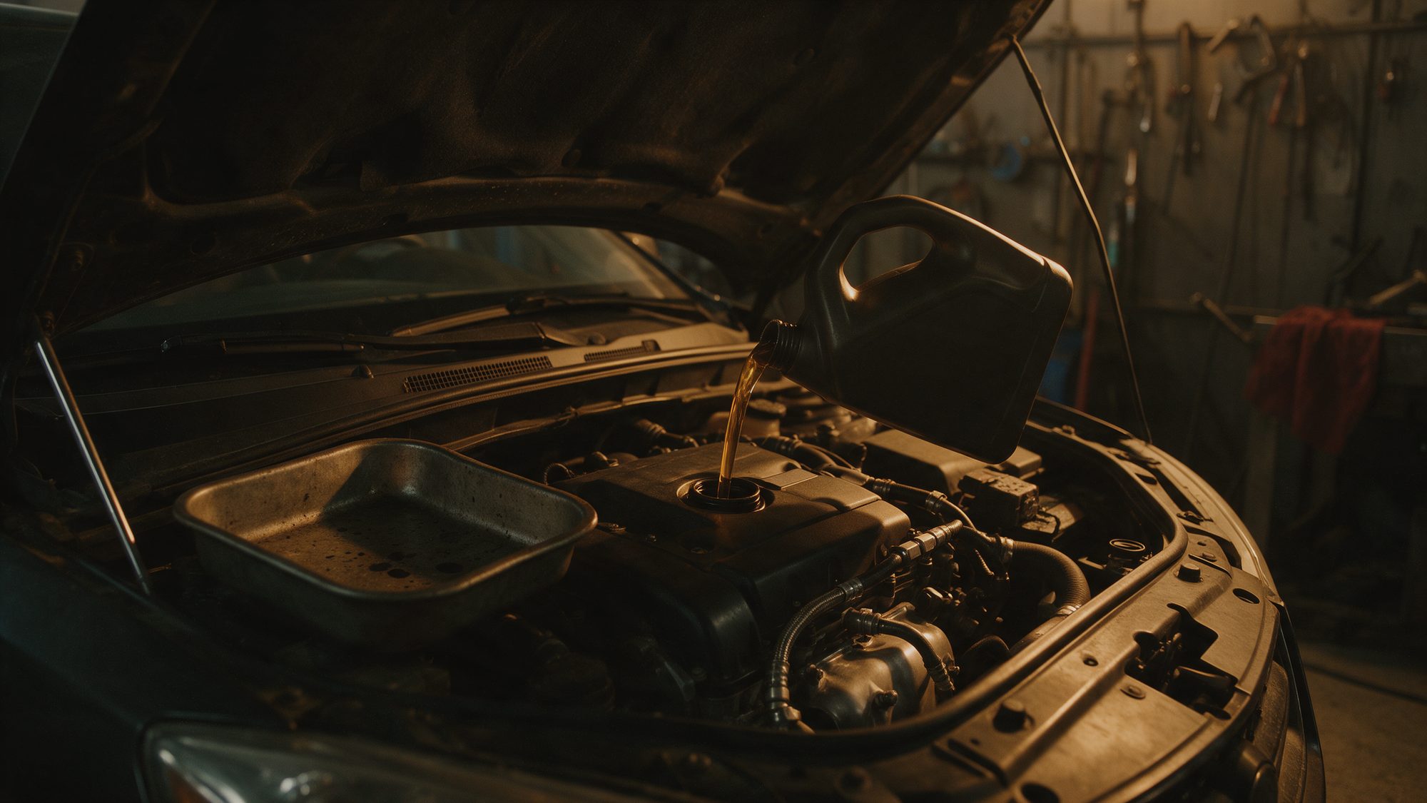 Fresh oil being poured into an engine during a service